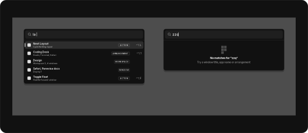 Command palette listing actions, arrangements, workspaces and windows that match a search.